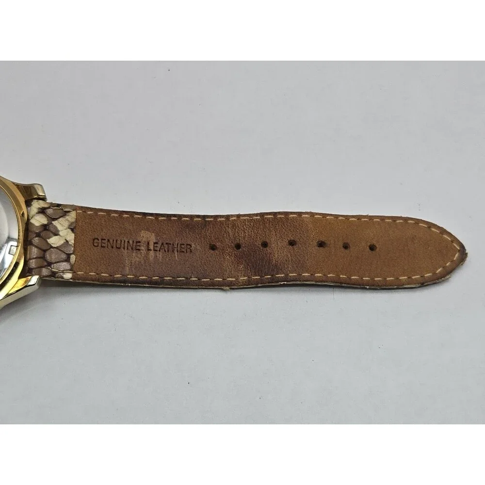 GUESS Womens Gold Tone MOP Day Date Watch Crystals Snake Leather New Battery